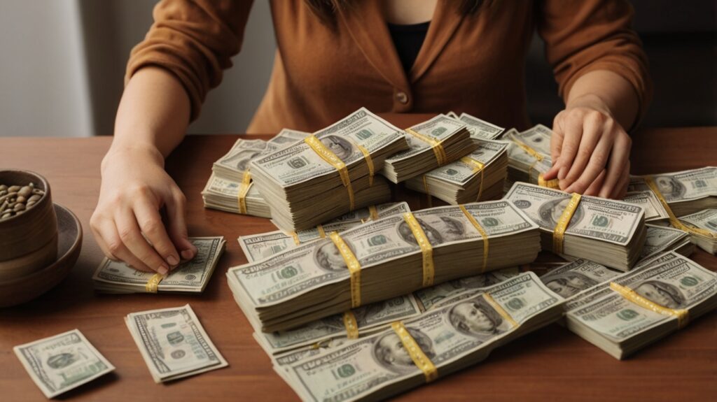 woman counting money on a table