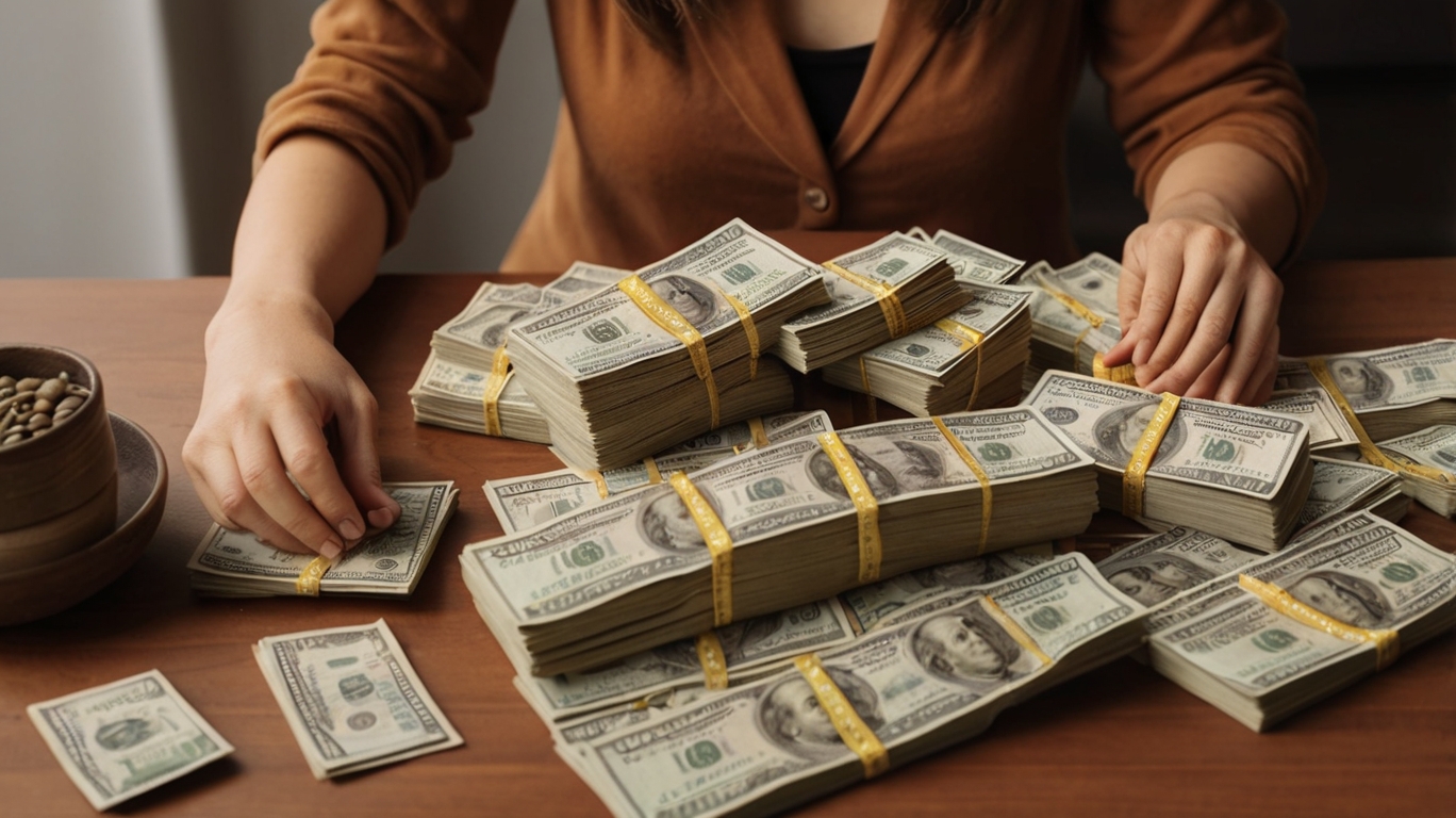 woman counting money on a table
