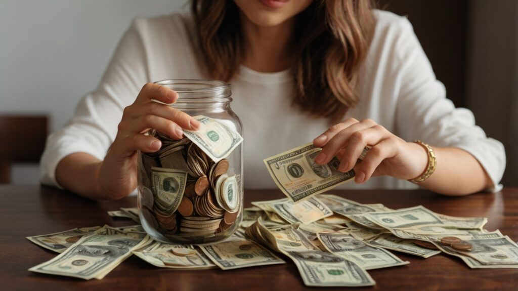 Woman counting money and saving